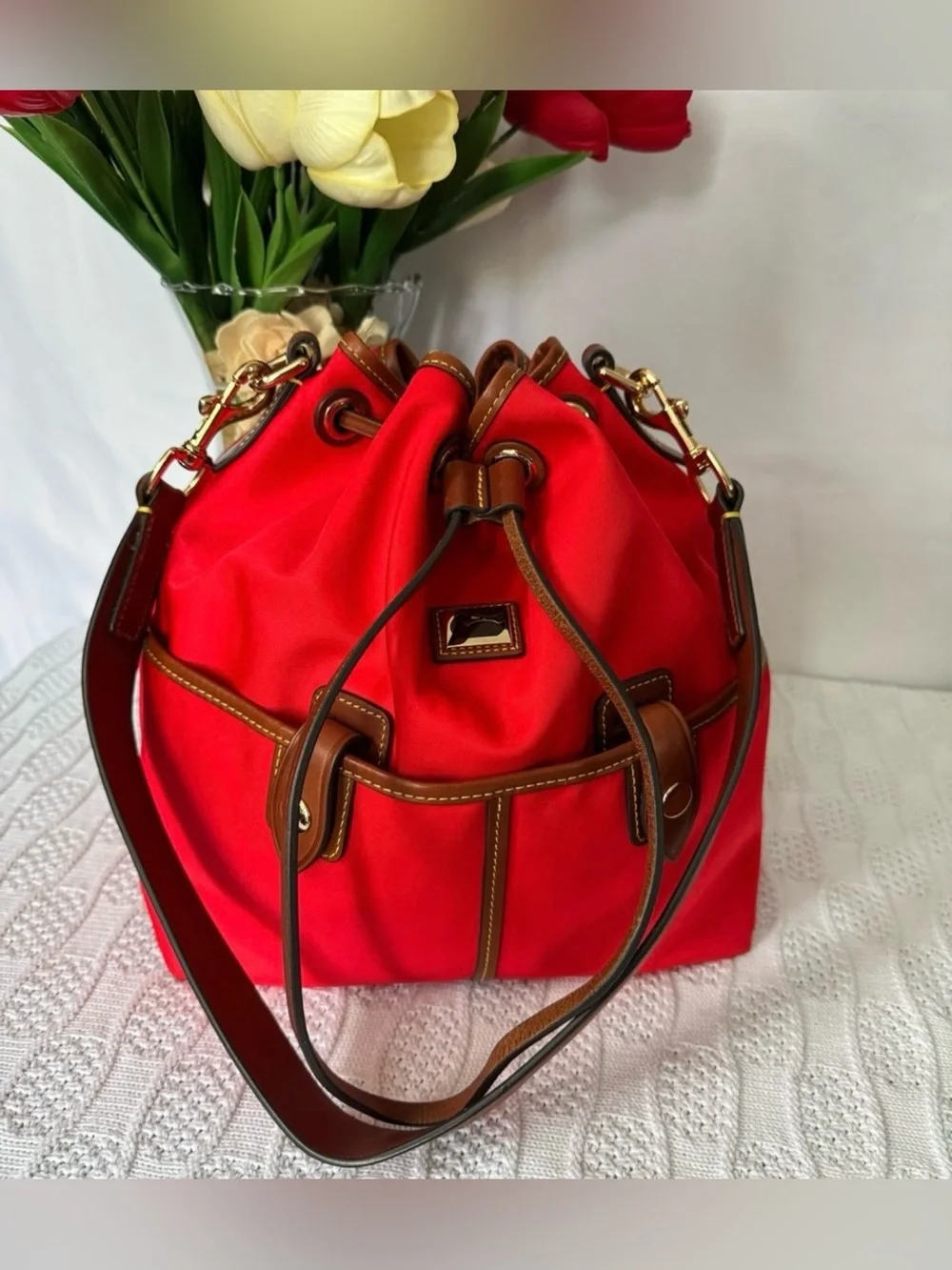 Dooney & Bourke Wayfarer Drawstring Bag nylon and accented brown leather trim
